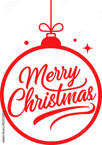 “Clean minimal Christmas greeting logo with bold red circular ornament outline, elegant calligraphy ‘Christmas’ text, small uppercase ‘Merry’ above, and ‘& Happy New Year’ below, flat red design, long