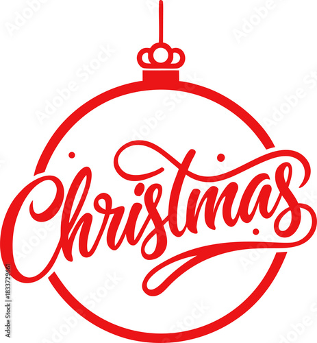 “Clean minimal Christmas greeting logo with bold red circular ornament outline, elegant calligraphy ‘Christmas’ text, small uppercase ‘Merry’ above, and ‘& Happy New Year’ below, flat red design, long