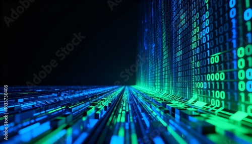 Fototapeta Naklejka Na Ścianę i Meble -  Dynamic 3D Render of Dense Tunnel Representing Streams of Geometric Data and Binary Code in a Receding Perspective