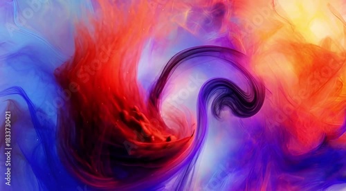 Ethereal dance of colorful ink in water, with swirling patterns of red and blue forming an abstract cosmic nebula
