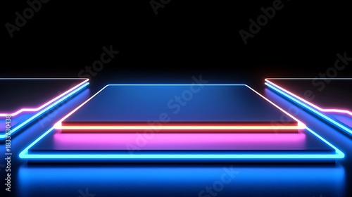 Futuristic neon glowing display platforms creating a vibrant digital presentation background