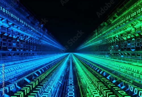 Fototapeta Naklejka Na Ścianę i Meble -  Dynamic 3D Render of Dense Tunnel with Binary Code and Geometric Data Streams in Receding Intensity