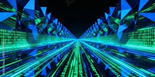 Fototapeta Naklejka Na Ścianę i Meble -  Dynamic 3D Render of Geometric Tunnel with Dense Streams of Binary Code Rec receding into the Distance