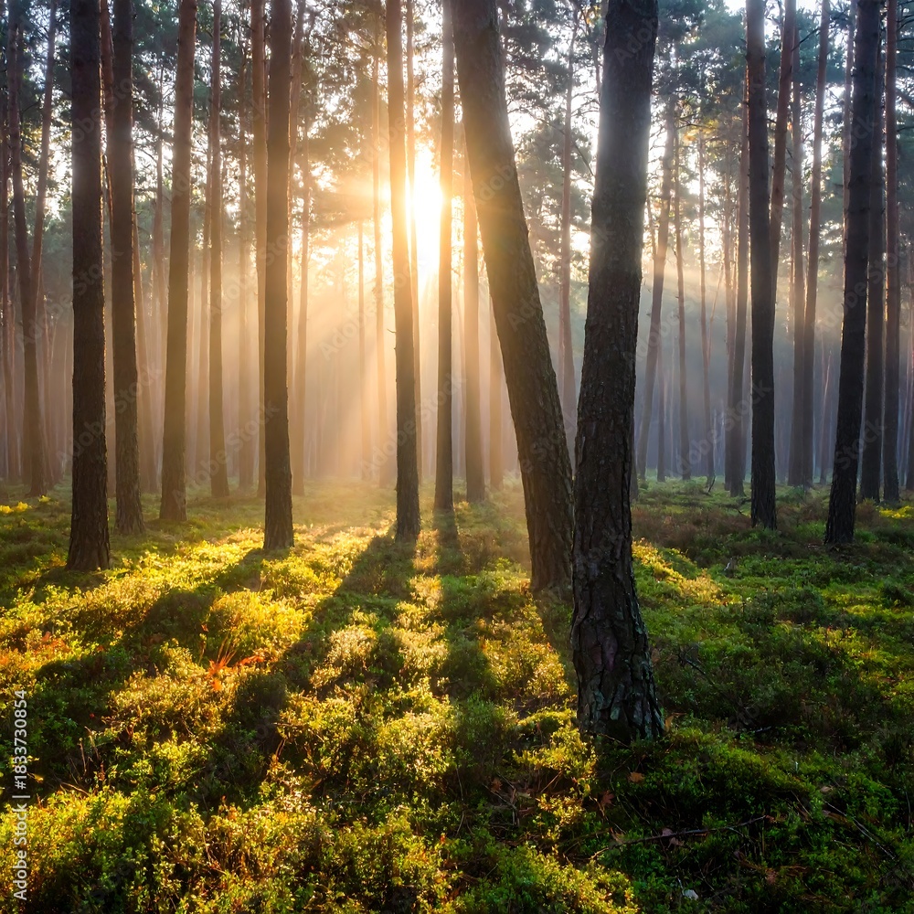 Obraz premium Sun shining through tall trees in a green, mossy forest