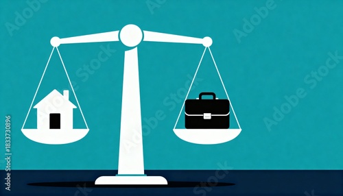 Vector Illustration of a Perfectly Balanced Scale with Home Icon on One Side and Briefcase Icon on the Other Side