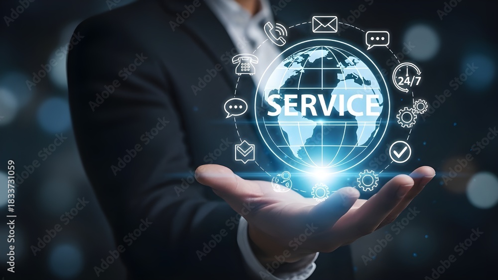 Fototapeta premium Businessman Hand Holding Virtual Blue Globe with Service Text and Digital Communication Icons for Global Customer Support Concept