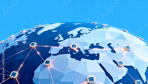 Stylized Low Poly Illustration of a Connected Globe with Glowing Data Lines and Geometric Shapes
