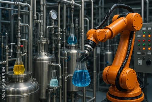 Robotic arm meticulously handles a chemical flask in a sophisticated industrial setting. This image exemplifies advanced automation in modern science and manufacturing.