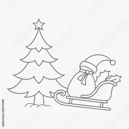 Holiday cheer: A festive Christmas tree, adorned with a sparkling star, stands beside a sleigh overflowing with a generous bag, promising delightful surprises.