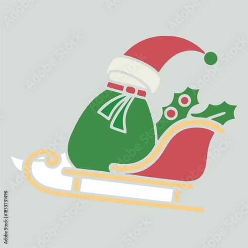 Christmas Sleigh: A festive sleigh, laden with a vibrant bag, is adorned with a Christmas hat and holly, set against a holiday background, evoking a sense of seasonal joy.