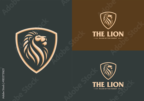 Lion head logo design inside a shield. Lion emblem vector icon illustration design.