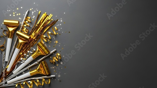 Party blowers and confetti on a dark gray background