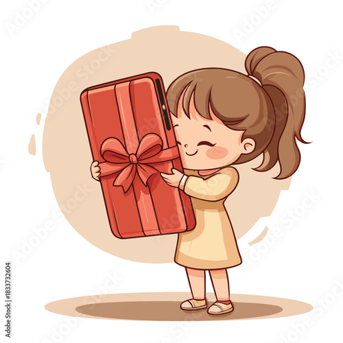 Girl hugging large smart phone with gift bow  , vector style simple color