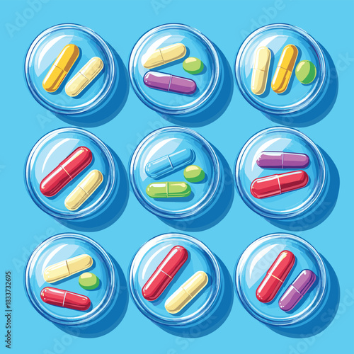 Capsules and Tablets in Petri Dishes , vector style simple color