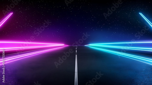 Futuristic night drive with vibrant neon light trails on an endless starry highway