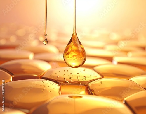 Golden oil drop dripping onto texture surface