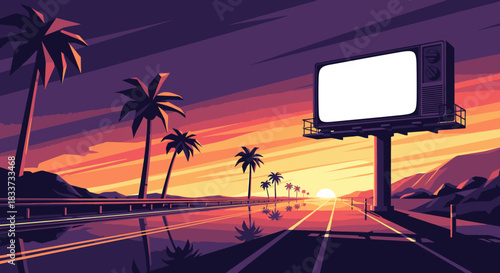 A vibrant retro-synthwave sunset bathes a palm-lined highway, featuring a prominent blank television-style billboard ready for custom advertising.