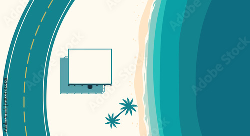 An aerial view captures a winding coastal road, sandy beach, and tranquil ocean, with a blank billboard and two tropical palm trees.