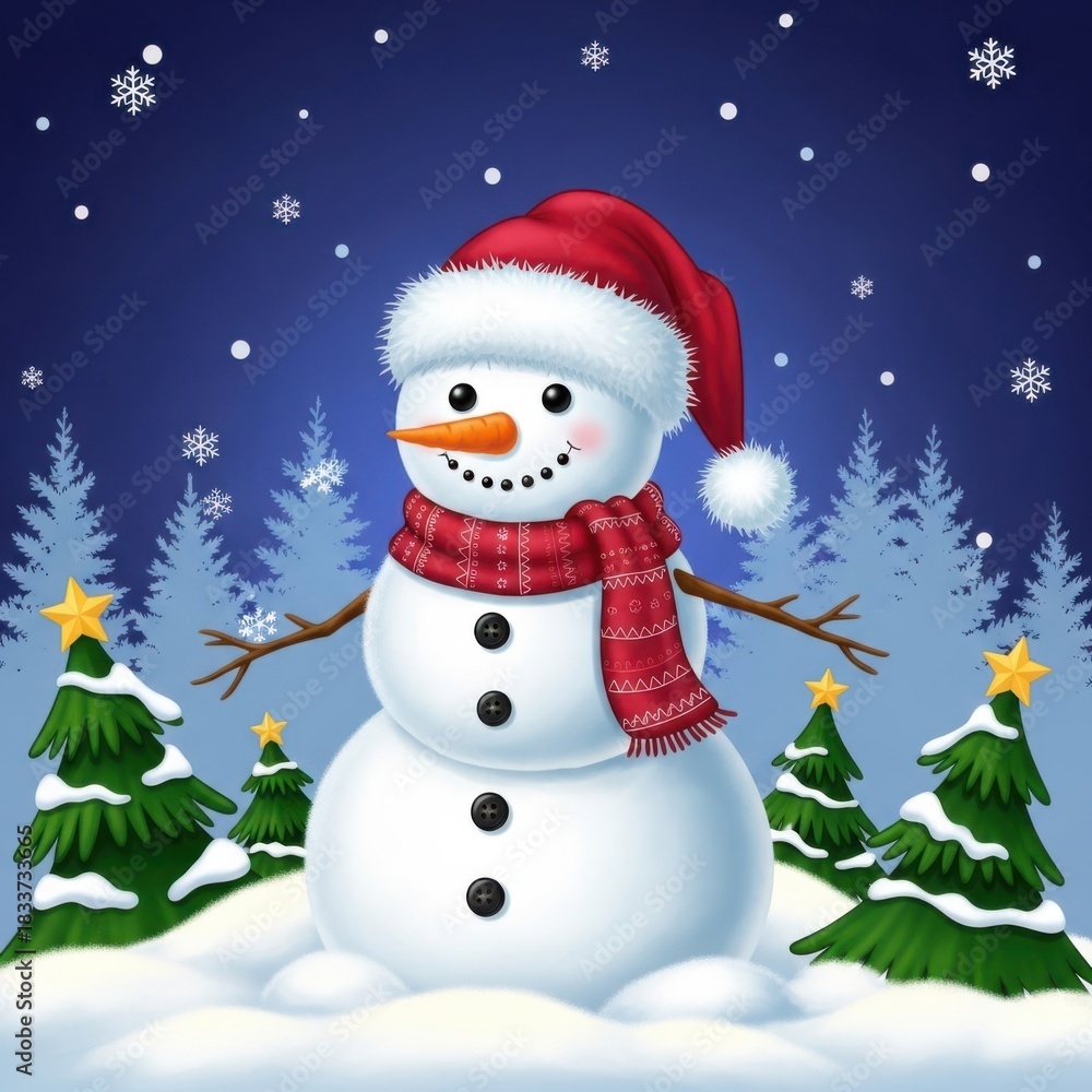 Fototapeta premium Cute cartoon snowman wearing a red santa hat and scarf standing in a snowy winter forest at night