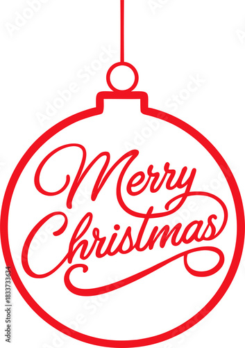 “Simple elegant Christmas ball ornament outline in red, hanging from a thin line, center-aligned ‘Merry Christmas’ lettering in script and sans-serif mix, minimal shadow, white background, luxury clea