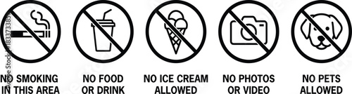 Public restriction signage icon set, stylized prohibition symbols for venue rules, facility signage, and compliance design themes