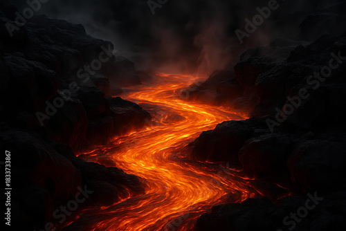 Raging Lava River Through Volcanic Rock