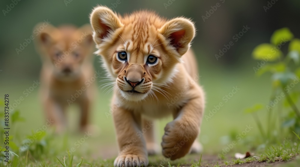 Obraz premium Adorable lion cub walking forward with another cub in background