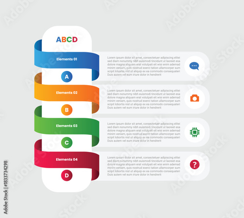 4 points infographic with gradient style with vertical round rectangle with stacked ribbon smooth flipped with 4 elements stages