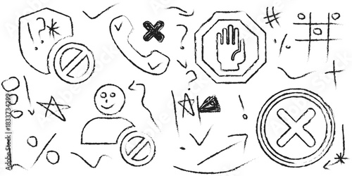 Hand-drawn sketches of prohibition symbols, math symbols, and other icons create dynamic, playful design elements perfect for educational or creative projects
