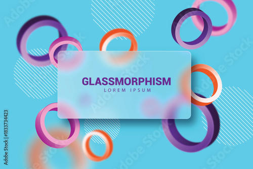 Abstract background with frosted glass rectangle and colorful floating torus shapes in a glassmorphism style
