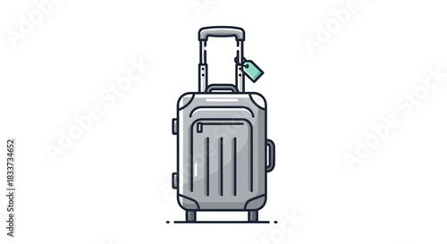 A sleek modern silver rolling suitcase with a green luggage tag attached to its handle.