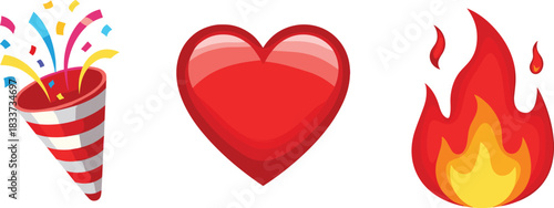 Party popper, red heart, flame icon, celebration, love, passion, emoji style, colorful symbols, digital emotion art, flat vector illustration