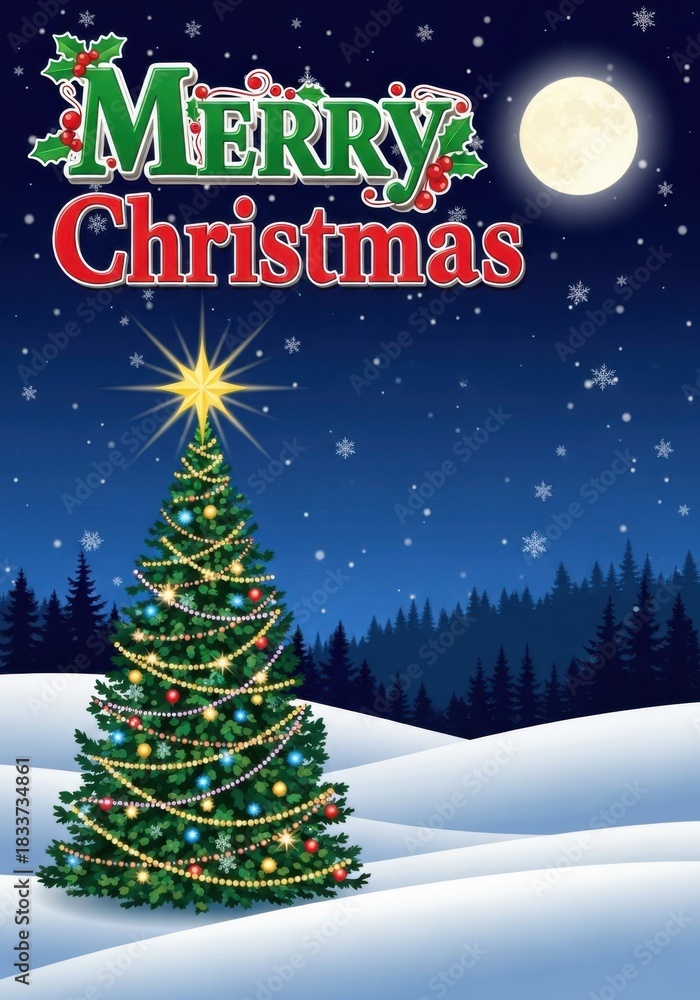 Naklejka premium Festive illustration of a decorated christmas tree under a starry night sky with a full moon and merry christmas text