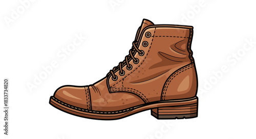 Stylish Brown Leather Lace-Up Combat Boot Illustration with Detailed Stitching.