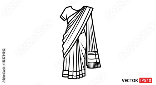 Traditional Indian Sari with Pleated Drape and Border Detail.