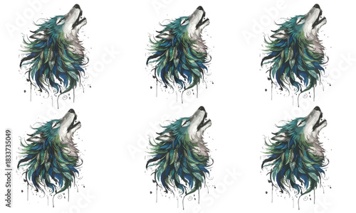 Six detailed wolf head silhouettes howling at the moon in a stylized artistic representation silhouette