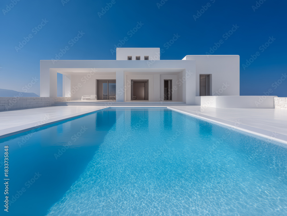 Fototapeta premium Modern white villa with pool under clear blue sky in a serene setting