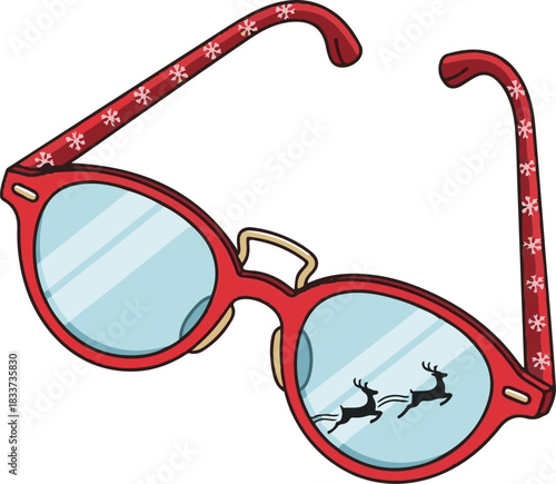 Festive red eyeglasses adorned with snowflakes, reflecting a magical scene of flying reindeer in the distance, capturing the spirit of holiday wonder and winter enchantment