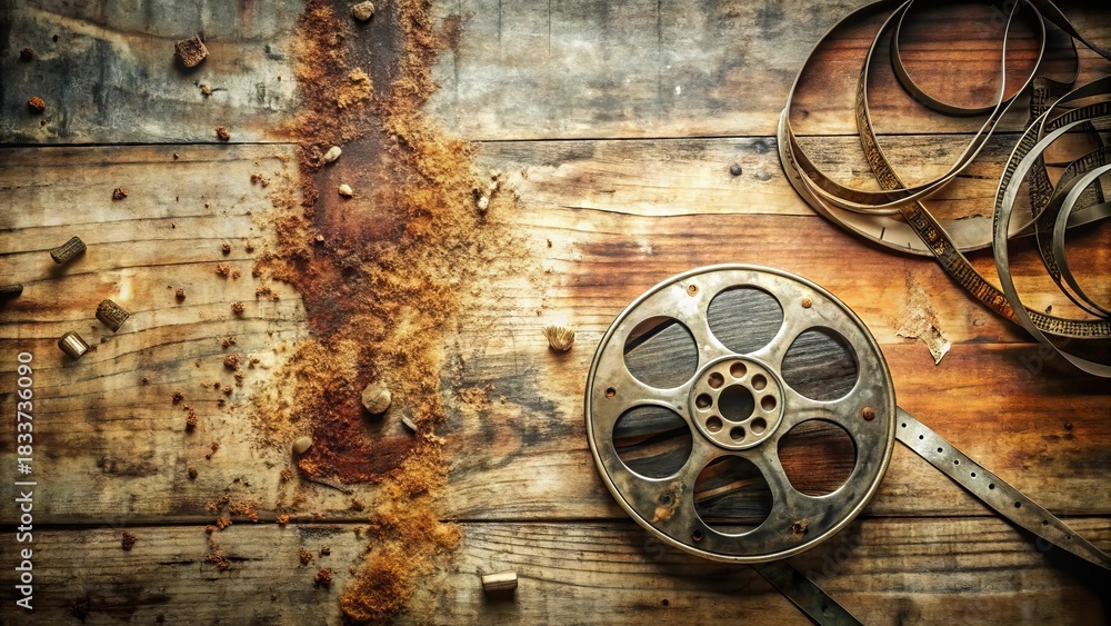 Obraz premium Rustic Wooden Surface with Aged Film Reel and Scattered Debris Evoking a Sense of Nostalgia and the Passage of Time