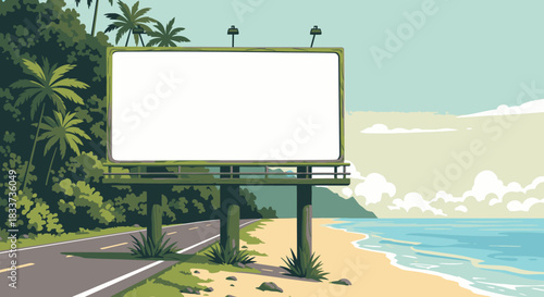 A prominent blank billboard stands beside a scenic coastal road, offering ample space for your custom message or advertisement in a beautiful tropical setting.
