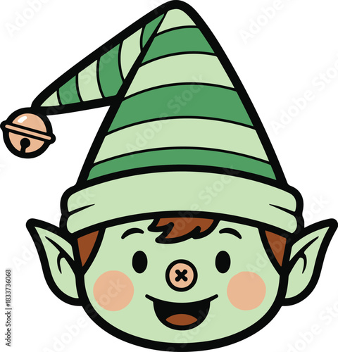 A charming and happy cartoon elf face with pointed ears and a striped hat, embodying the spirit of Christmas holiday cheer 