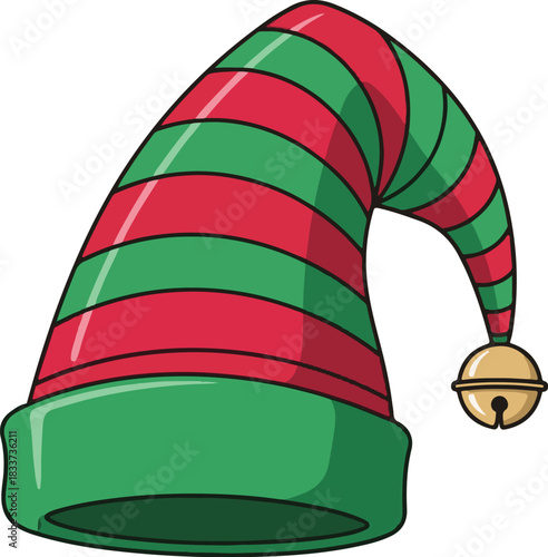A whimsical cartoon illustration of a red and green striped Christmas elf hat with a gold jingle bell, a festive accessory for holiday celebrations