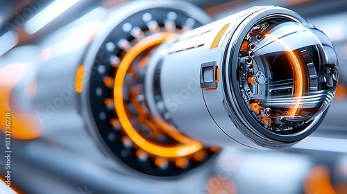 Futuristic Robotic Mechanism with Luminous Orange Energy Core and Advanced Sensor Technology