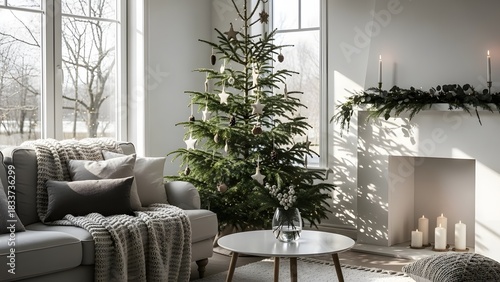 Wallpaper Mural Beautifully decorated cozy living room featuring a festive Christmas tree and warm ambient lighting, perfect for holiday relaxation and winter gatherings in a modern home setting Torontodigital.ca