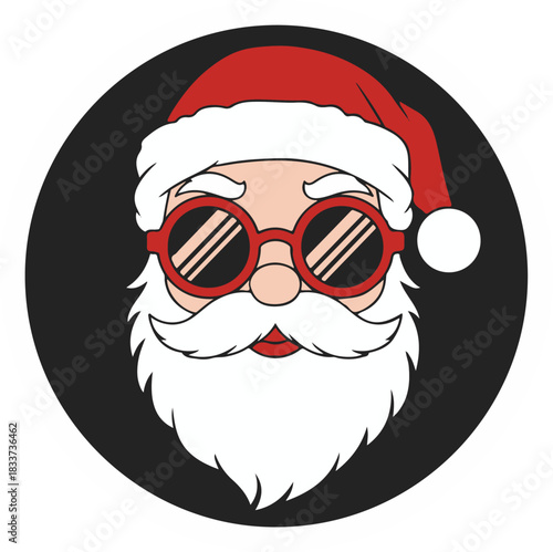 Cool Christmas Santa Claus avatar illustration with stylish red sunglasses and traditional white beard in a circular graphic design