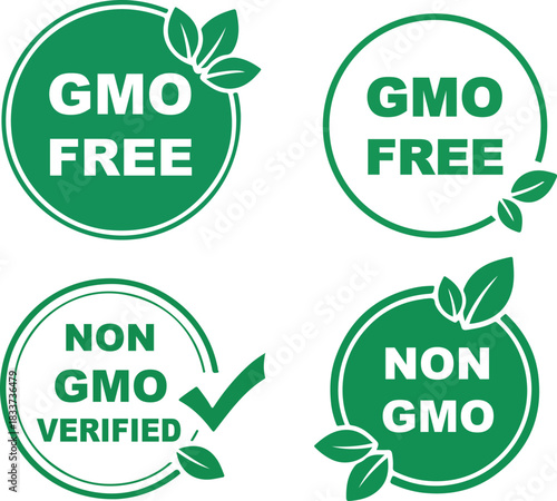 Set of four green circular labels and badges indicating gmo free and non gmo verified products