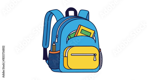 Cartoon Blue School Backpack with Books and Water Bottle.