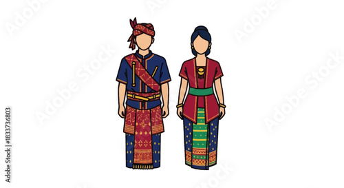Traditional Indonesian Couple in Colorful Detailed Ethnic Attire.