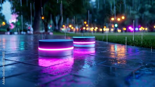 Futuristic smart devices glowing vibrantly in a rainy park at night with neon reflections on wet
