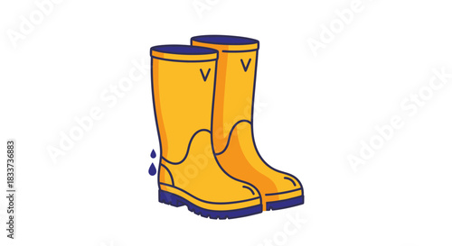 Bright Yellow Rubber Rain Boots with Blue Trim and Water Droplets Illustration.